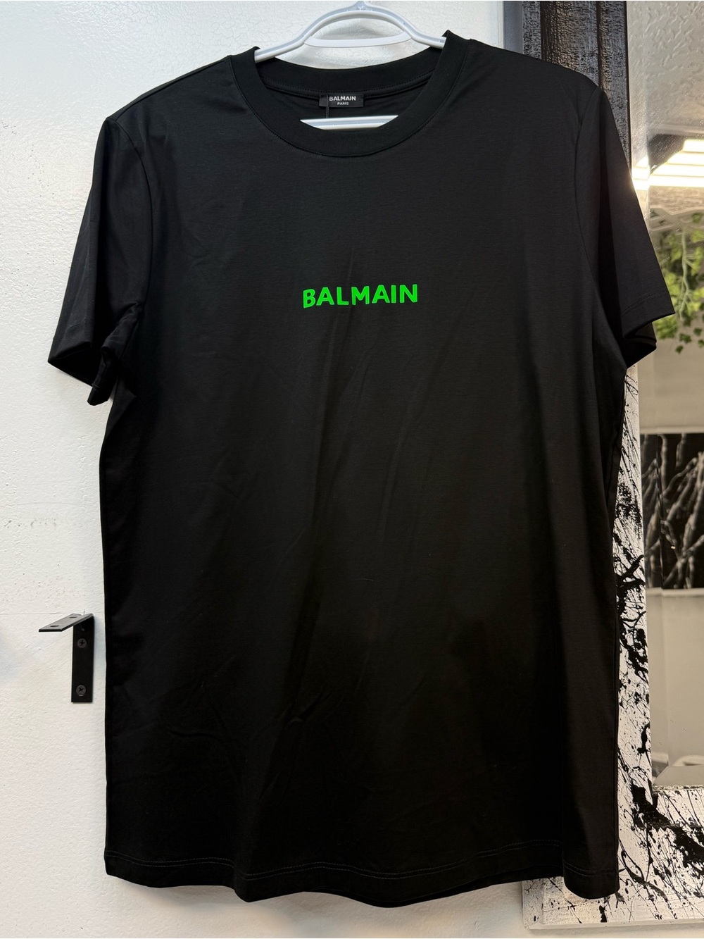 Balmain Black Short-Sleeve Tee with Neon Green Logo